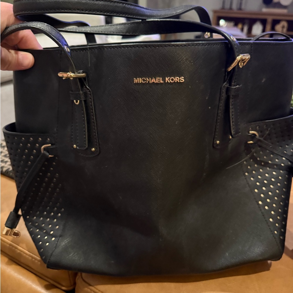 Michael Kors Black Leather Tote with Gold Hardware